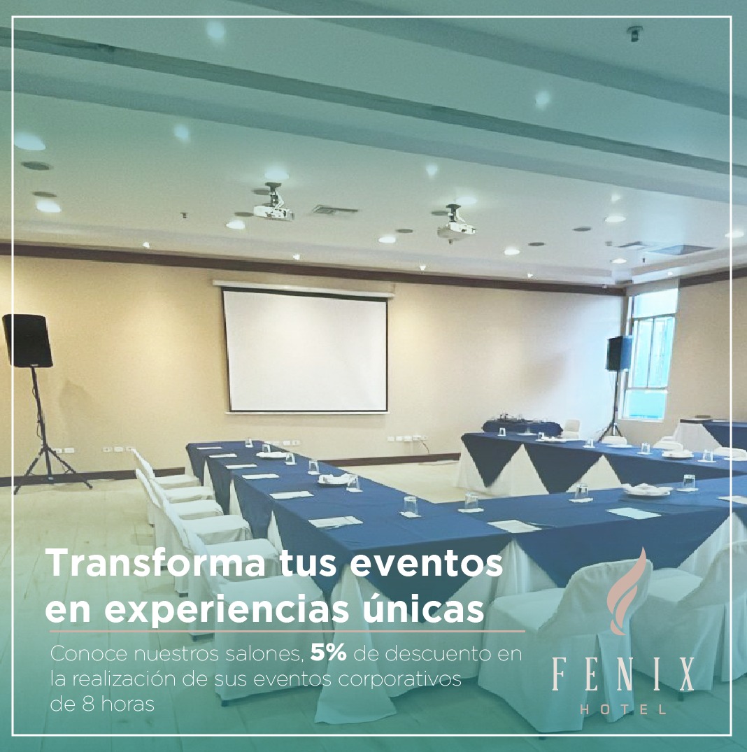 <div style="text-align: left; color: #007edd;">      <strong>FENIX HOTEL QUITO</strong><br>      ------------------ <br>      4 Salas. <br>      Desde 7 a 250 personas<br>      55 Habitaciones – 30 Parqueos<br>      Gimnasio<br><br>      <strong>Obtén el 5% de descuento cotizando tu evento corporativo de 8 horas. </strong>  </div>