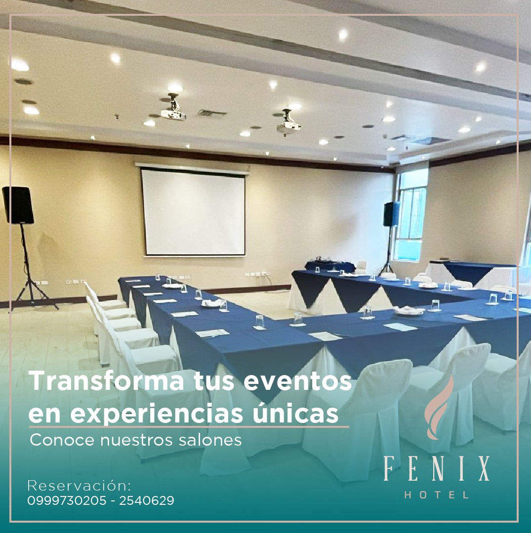 <div style="text-align: left; color: #007edd;">      <strong>FENIX HOTEL QUITO</strong><br>      ------------------ <br>      4 Salas. <br>      Desde 7 a 250 personas<br>      55 Habitaciones – 30 Parqueos<br>      Gimnasio<br><br>      <strong>Obtén el 5% de descuento cotizando tu evento corporativo de 8 horas. </strong>  </div>